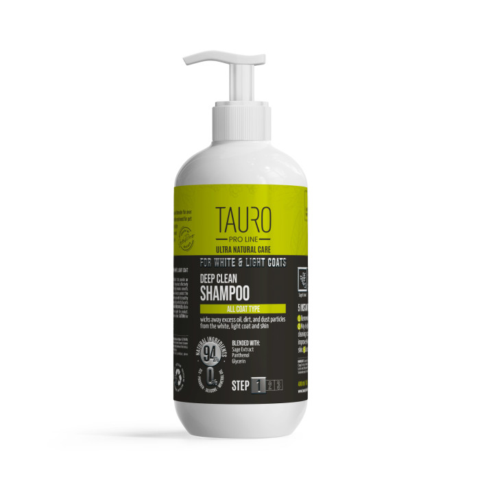 TAURO PRO LINE Ultra Natural Care šampūnas giliai valantis šunų ir kačių baltą-šviesų kailį bei odą 