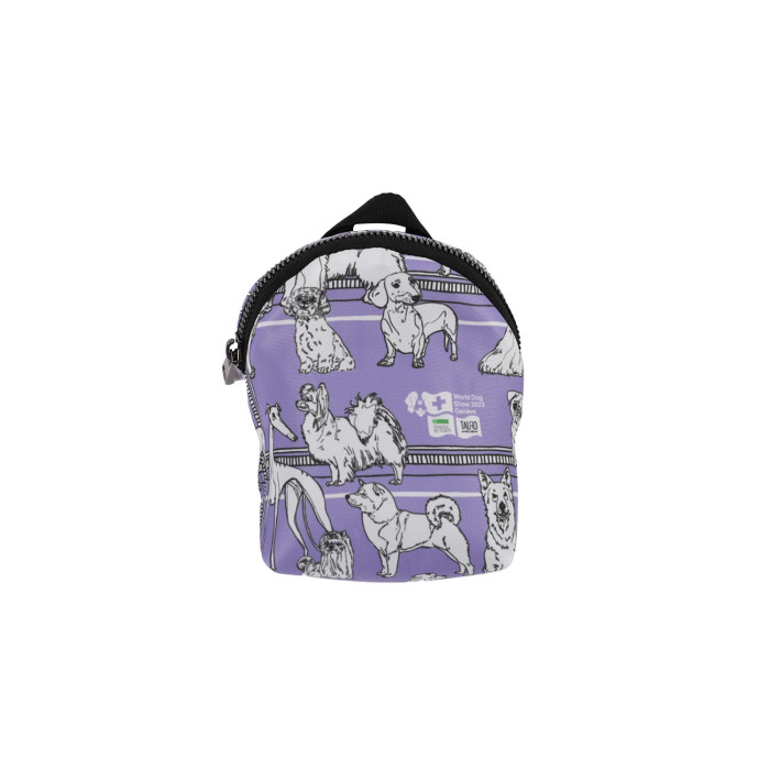 WORLD DOG SHOW pet treat case with zipper, purple, with puppy appliqués 