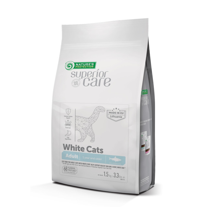 NATURE'S PROTECTION SUPERIOR CARE White Cats Grain Free Herring Adult All Breeds, беззерновой сухой корм с сельдью для кошек всех пород с белым окрасом шерсти 