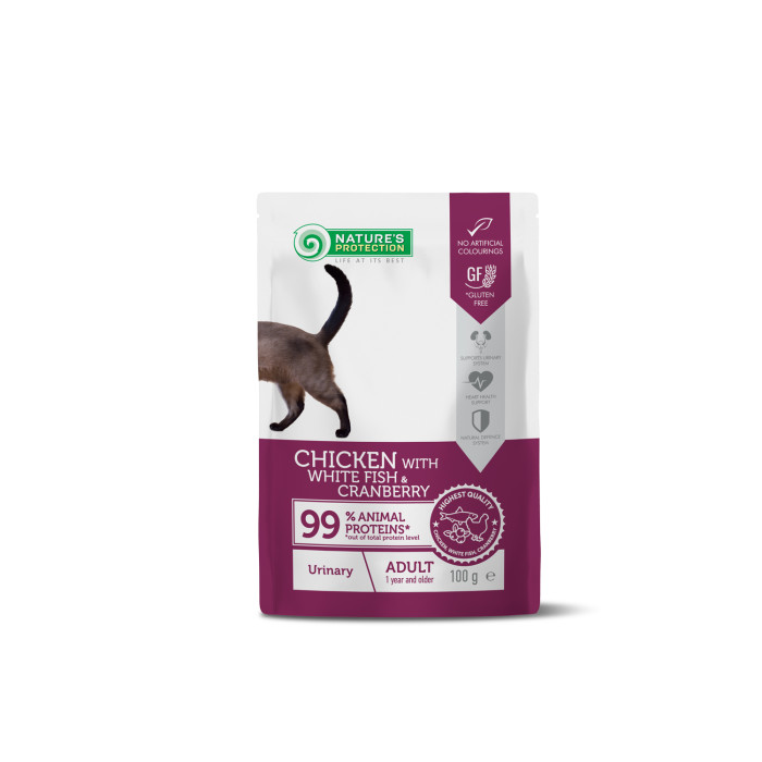 NATURE'S PROTECTION canned pet food with chicken, white fish and cranberry for adult cats to support a healthy urinary system 