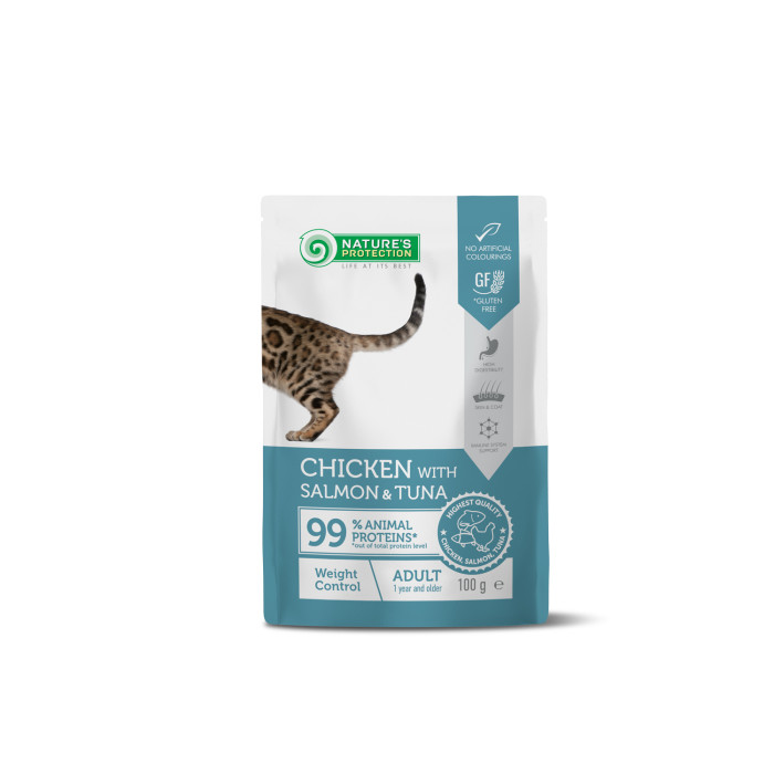 NATURE'S PROTECTION canned pet food with chicken, salmon and tuna for adult cats, for weight contro 