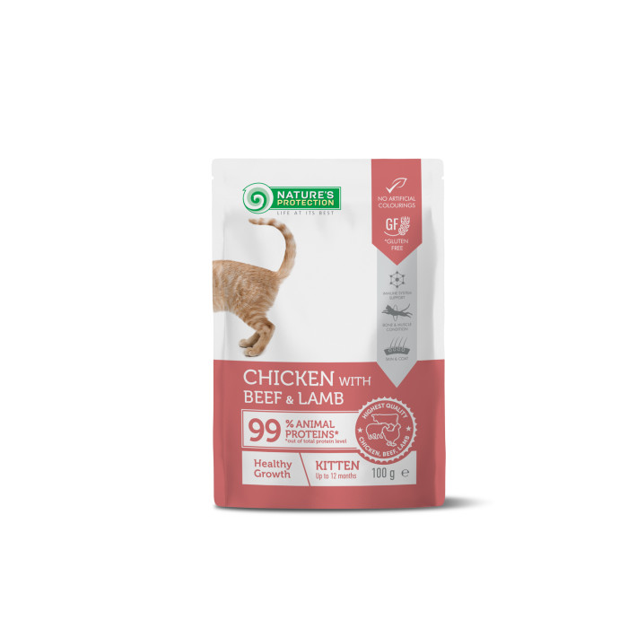 NATURE'S PROTECTION canned pet food with chicken, beef and lamb for kittens to support healthy growth 