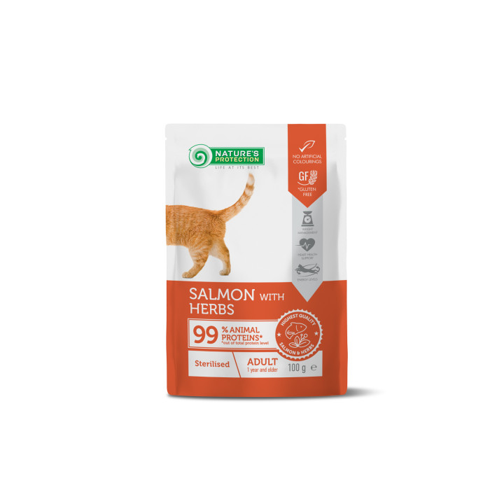 NATURE'S PROTECTION canned pet food with salmon and herbs for adult sterilised cats 