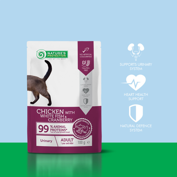 NATURE'S PROTECTION canned pet food with chicken, white fish and cranberry for adult cats to support a healthy urinary system 