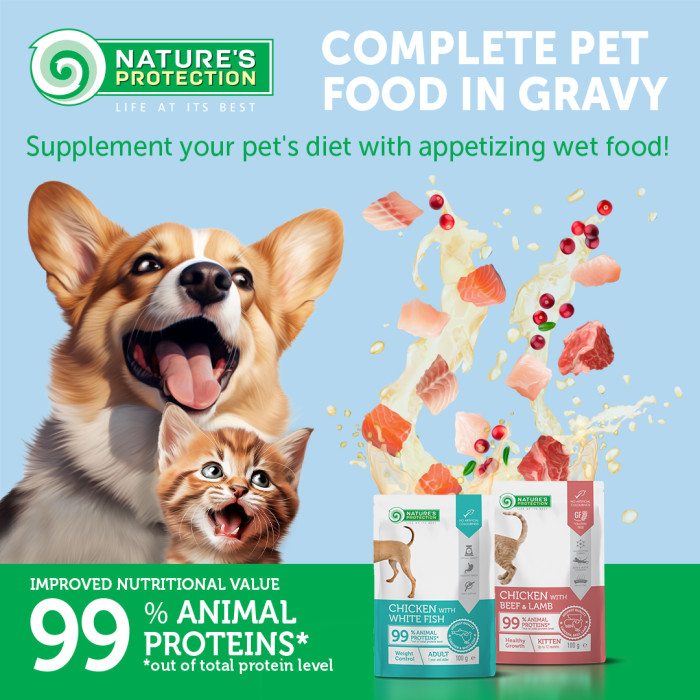 NATURE'S PROTECTION canned pet food with chicken, white fish and cranberry for adult cats to support a healthy urinary system 