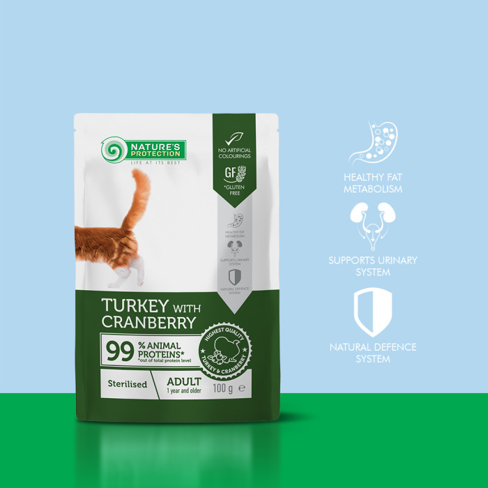 NATURE'S PROTECTION canned pet food with turkey and cranberry for adult sterilised cats 