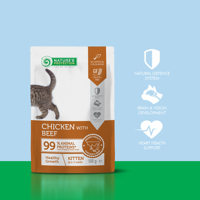 NATURE'S PROTECTION canned pet food with chicken and beef for kittens to support healthy growth 