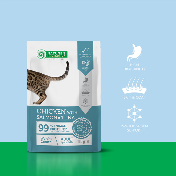 NATURE'S PROTECTION canned pet food with chicken, salmon and tuna for adult cats, for weight contro 