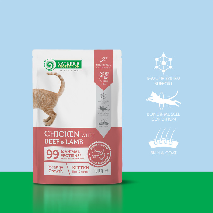 NATURE'S PROTECTION canned pet food with chicken, beef and lamb for kittens to support healthy growth 