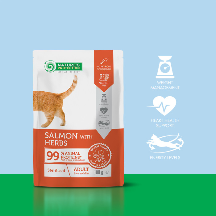 NATURE'S PROTECTION canned pet food with salmon and herbs for adult sterilised cats 