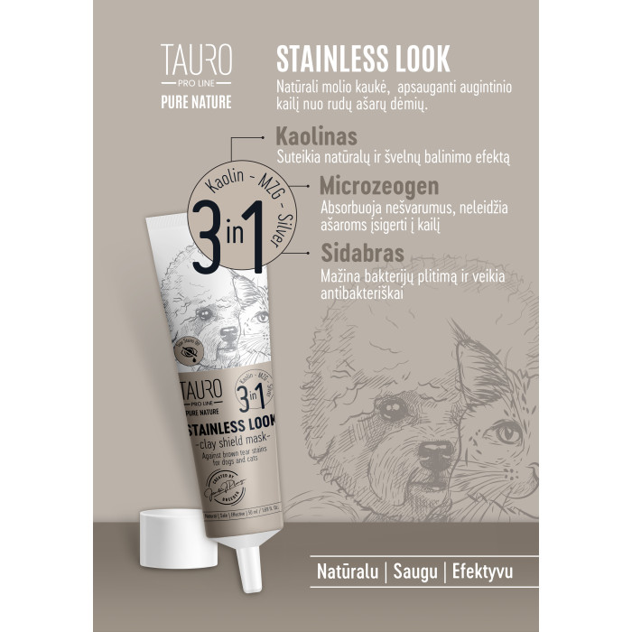 TAURO PRO LINE Pure Nature Stainless look 3in1 natūrali molio kaukė prieš ašarų dėmes 