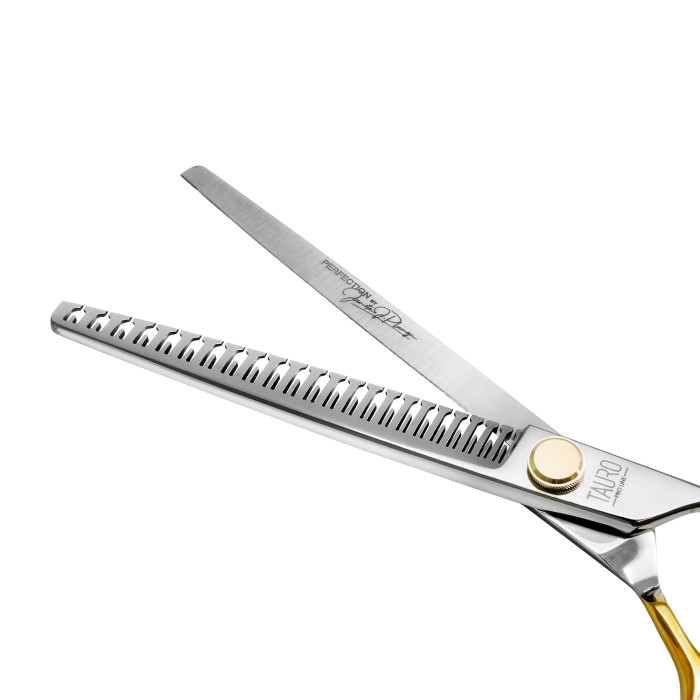 TAURO PRO LINE cutting scissors "Perfection by Janita J. Plunge", thinning (chunker), 23 teeth, 440c stainless steel, golden color 