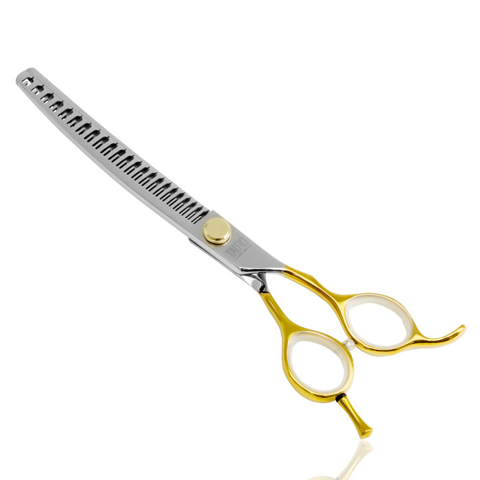 TAURO PRO LINE cutting scissors "Perfection by Janita J. Plunge", curved, thinning (chunker), 23 teeth, 440c stainless steel, golden color, 18 cm (7'') 