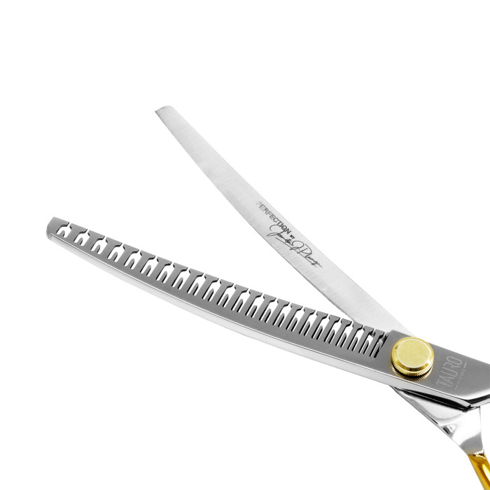 TAURO PRO LINE cutting scissors "Perfection by Janita J. Plunge", curved, thinning (chunker), 23 teeth, 440c stainless steel, golden color, 18 cm (7'') 