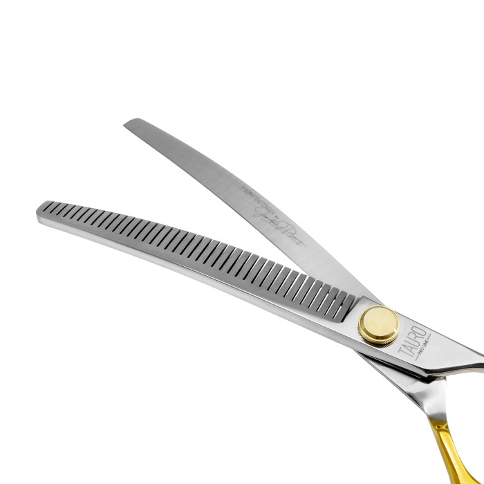 TAURO PRO LINE cutting scissors "Perfection by Janita J. Plunge", thinning, 40 teeth, 440c stainless steel, golden color 