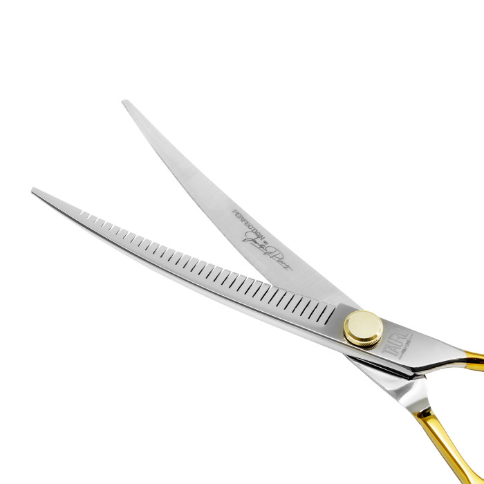 TAURO PRO LINE cutting scissors "Perfection by Janita J. Plunge", curved, thinning (chunker), 32 teeth, 440c stainless steel, golden color 