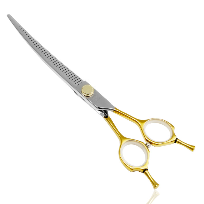 TAURO PRO LINE cutting scissors "Perfection by Janita J. Plunge", curved, thinning (chunker), 32 teeth, 440c stainless steel, golden color 