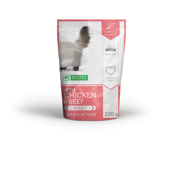 NATURE'S PROTECTION Skin & coat care Adult cat With chicken and beef, консервы для взрослых кошек с курицей и говядиной, в пакетике 