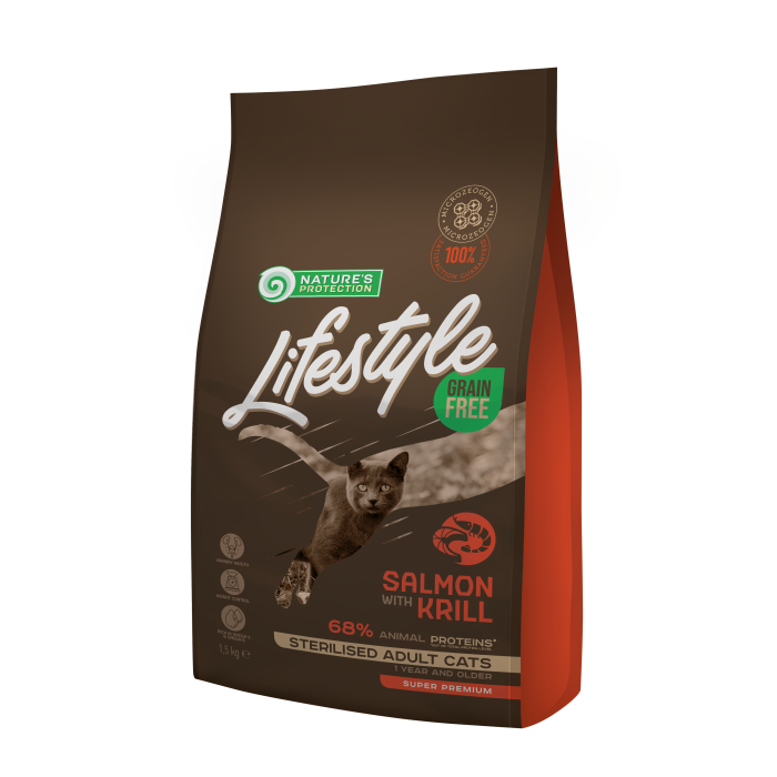 NATURE'S PROTECTION LIFESTYLE dry grain free food for adult cats with salmon and krill after sterilisation 