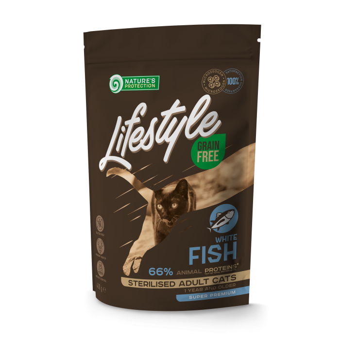 NATURE'S PROTECTION LIFESTYLE dry grain free food for adult cats with white fish after sterilisation 