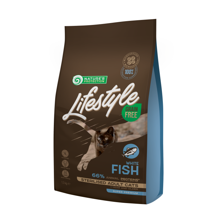 NATURE'S PROTECTION LIFESTYLE dry grain free food for adult cats with white fish after sterilisation 