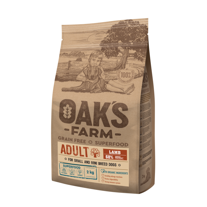 OAK'S FARM dry grain free food for adult, small and mini breed dogs with lamb 