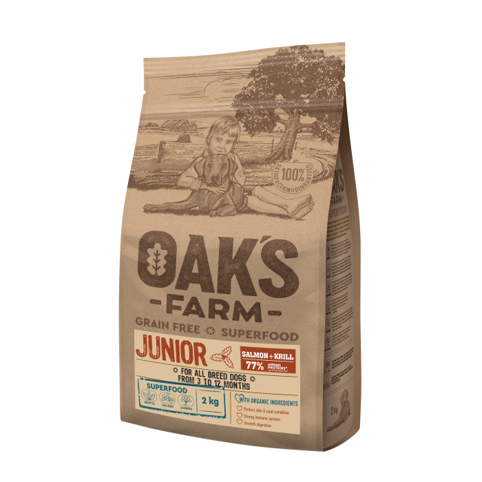 OAK'S FARM dry grain free food for junior dogs of all breeds with salmon and krill 