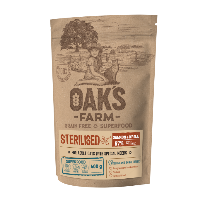 OAK'S FARM dry grain free food for adult cats after sterilisation with salmon and krill 