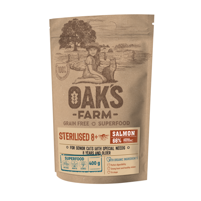 OAK'S FARM dry grain free food for senior cats after sterilisation with salmon 