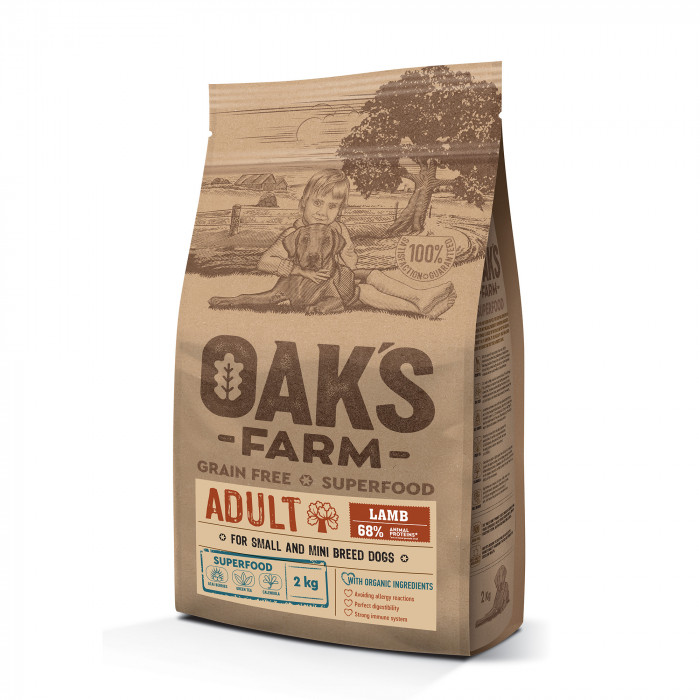 OAK'S FARM dry grain free food for adult, small and mini breed dogs with lamb 