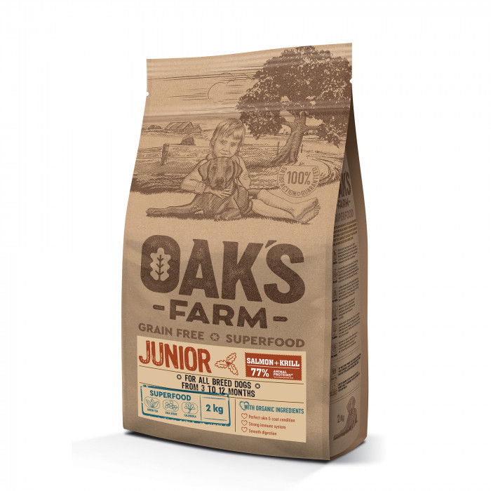 OAK'S FARM dry grain free food for junior dogs of all breeds with salmon and krill 