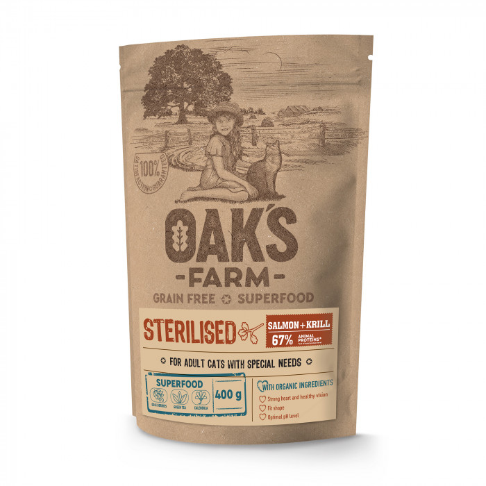 OAK'S FARM dry grain free food for adult cats after sterilisation with salmon and krill 