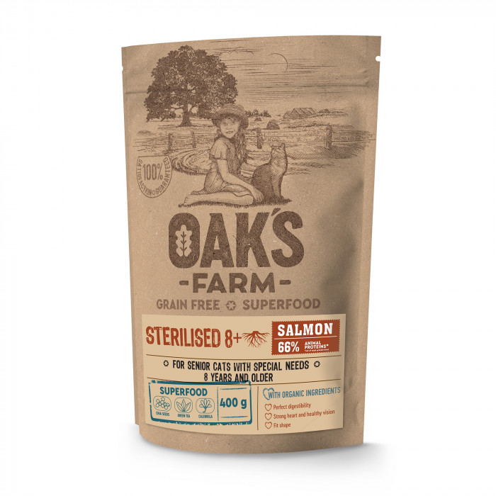 OAK'S FARM dry grain free food for senior cats after sterilisation with salmon 