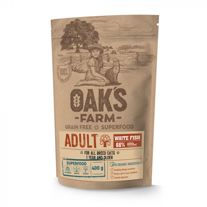 OAK'S FARM сухой беззерновой корм для взрослых кошек, с белой рыбой 