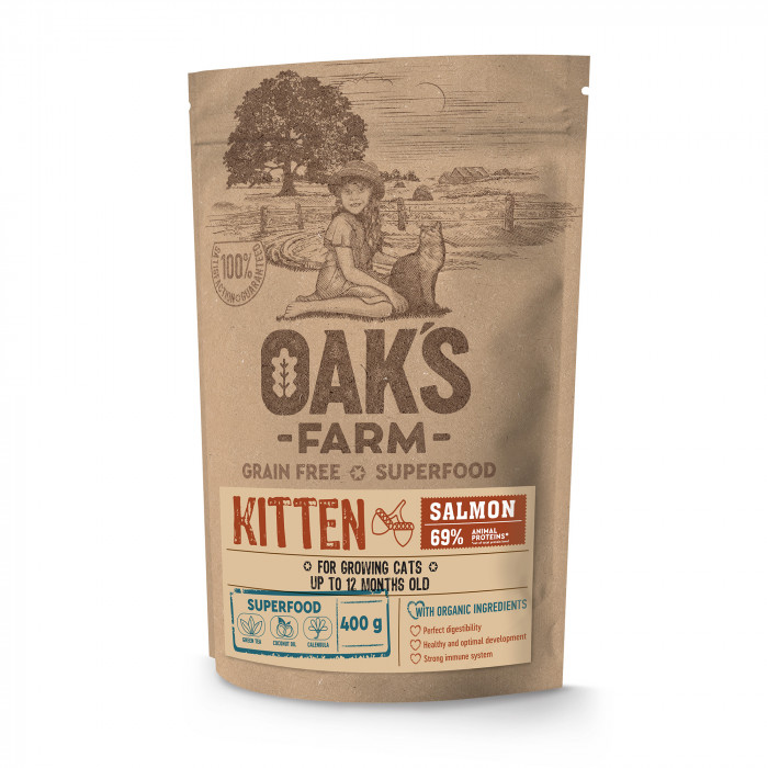 OAK'S FARM dry grain free food for kittens with salmon 