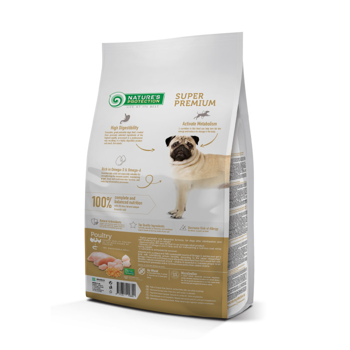 NATURE'S PROTECTION dry food for adult dogs of all breeds for weight control after sterilization, with poultry and krill 