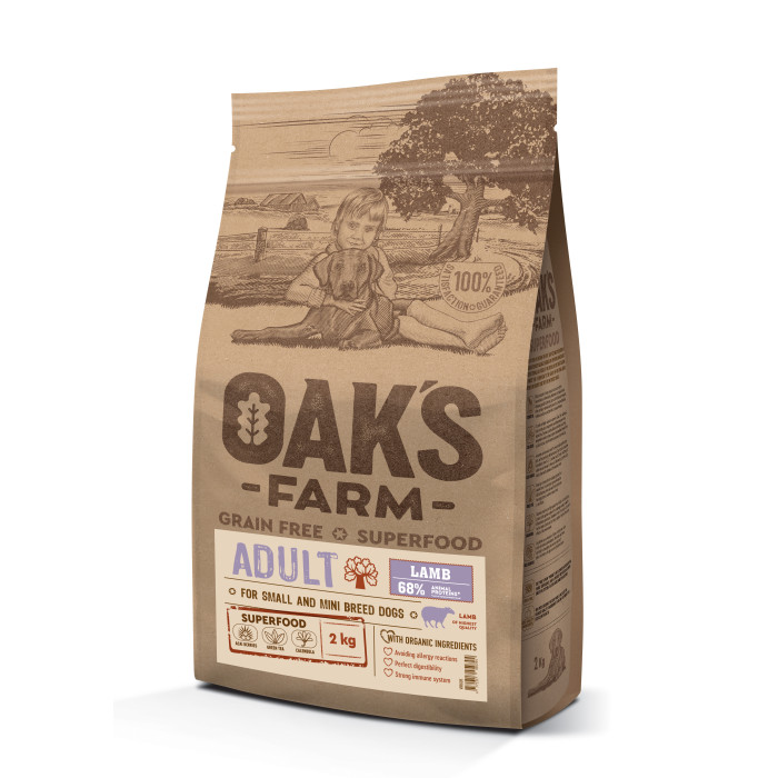 OAK'S FARM dry grain free food for adult, small and mini breed dogs with lamb 