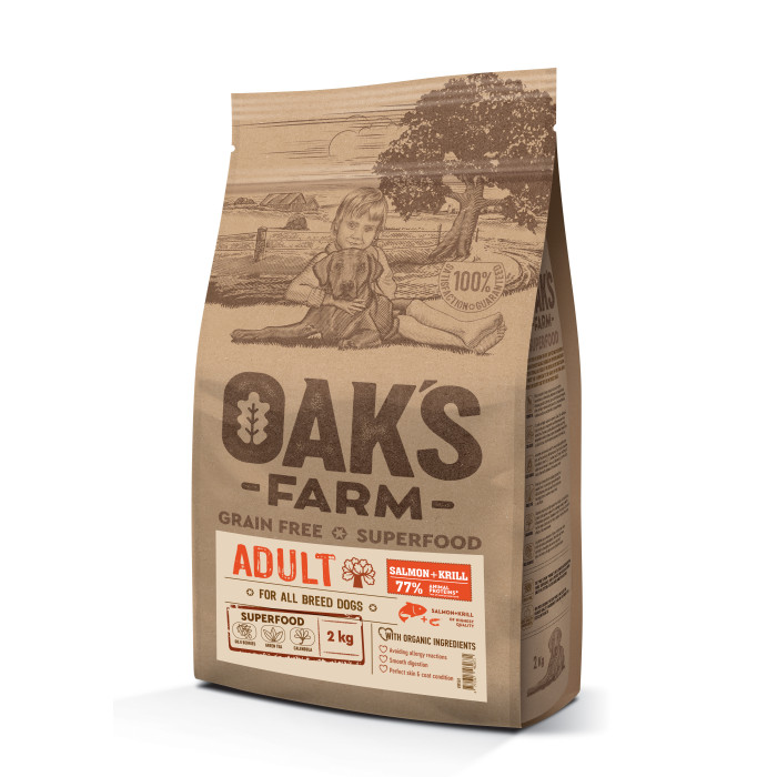 OAK'S FARM dry grain free food for adult, for all breed dogs with salmon and krill 