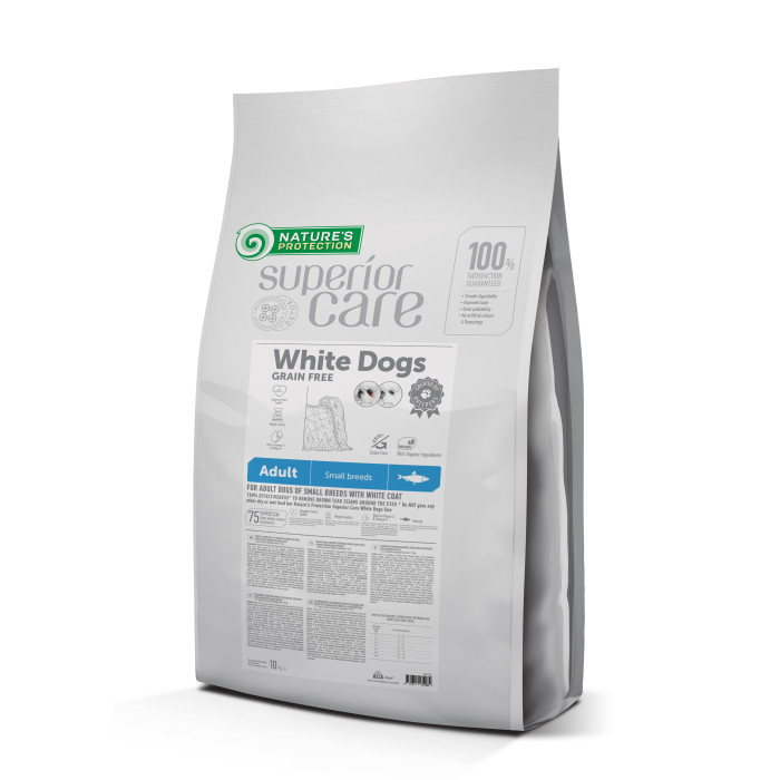 NATURE'S PROTECTION SUPERIOR CARE dry grain free food for adult dogs of small breeds with white coat, with herring  