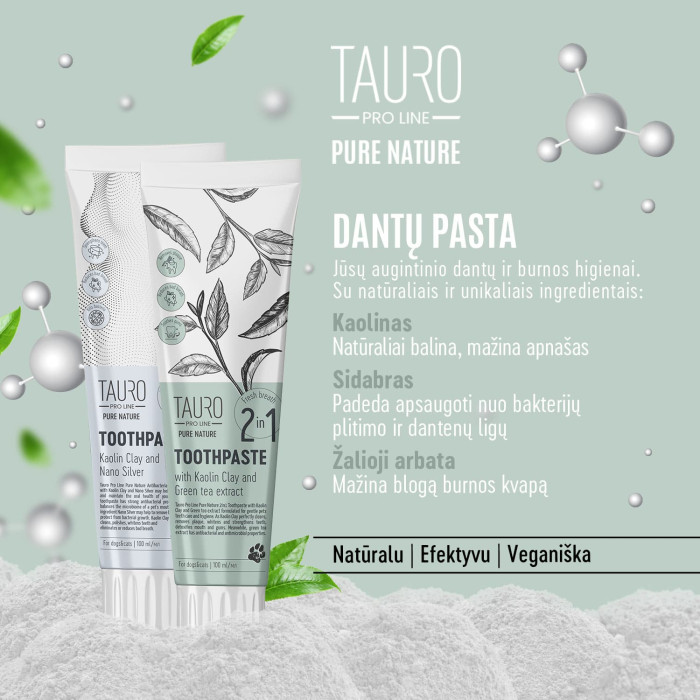 TAURO PRO LINE Pure Nature šunų ir kačių dantų pasta su baltuoju moliu (kaolinu), ceolitu ir sidabro nanodalelėmis 