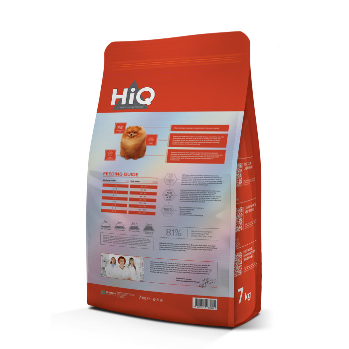 HIQ dry food for adult dogs of small breeds with salmon 