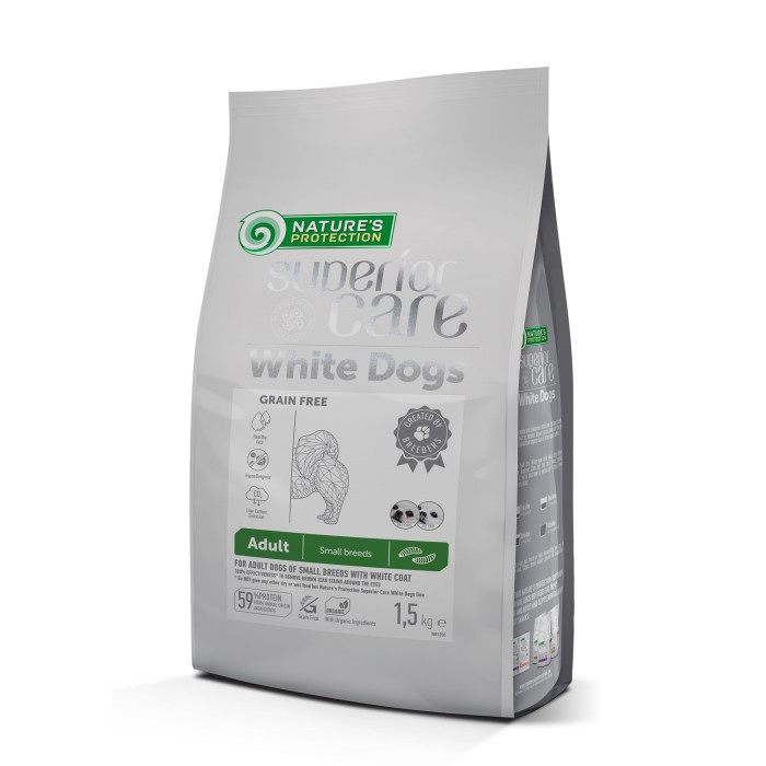 NATURE'S PROTECTION SUPERIOR CARE dry grain free food for adult dogs of small breeds with white coat, with insect  