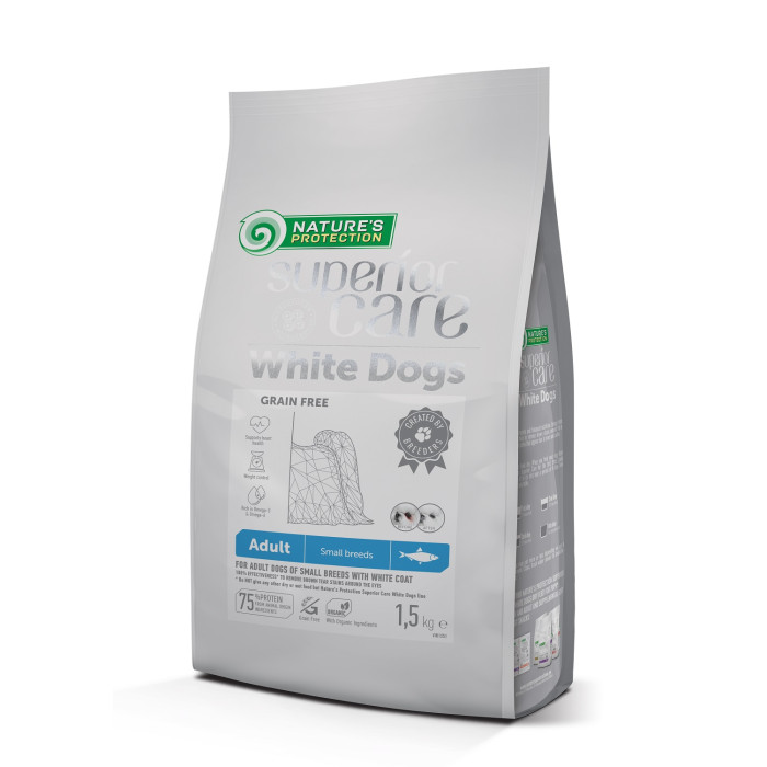 NATURE'S PROTECTION SUPERIOR CARE dry grain free food for adult dogs of small breeds with white coat, with herring  