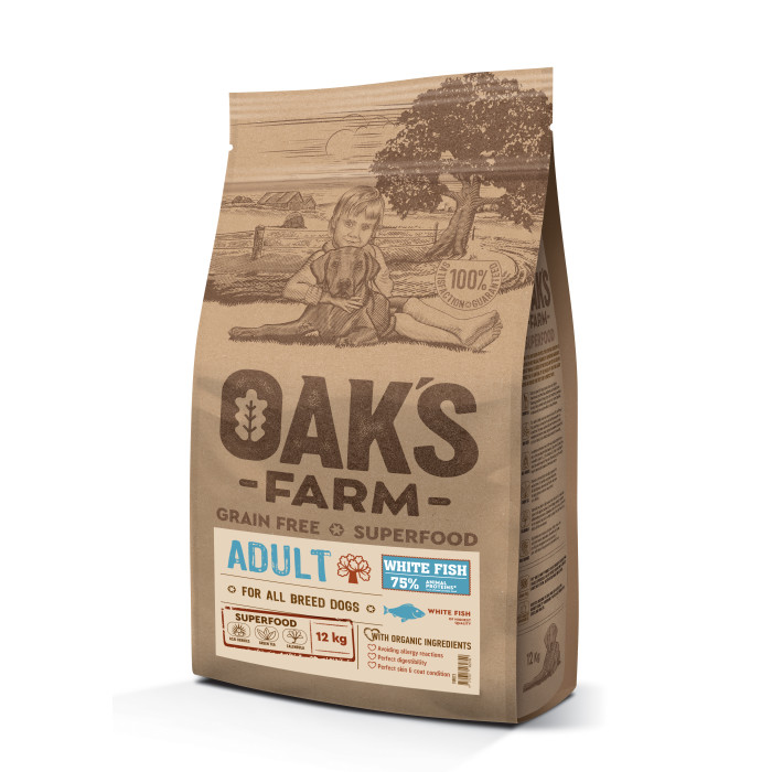 OAK'S FARM dry grain free food for adult dogs of all breeds with white fish 