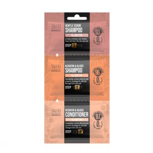 TAURO PRO LINE Ultra Natural Care Gentle Scrub + Keratin & Gloss sample set, šunų ir kačių kailio ir odos šampūnų ir kondicionieriaus mėginukų rinkinys 1 x 6 ml, 1 x 8 ml, 1 x 4 ml