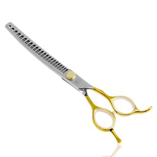TAURO PRO LINE cutting scissors "Perfection by Janita J. Plunge", curved, thinning (chunker), 23 teeth, 440c stainless steel, golden color, 18 cm (7'') 18 cm