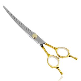 TAURO PRO LINE cutting scissors "Perfection by Janita J. Plunge", curved, thinning (chunker), 32 teeth, 440c stainless steel, golden color 18 cm