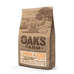 OAK'S FARM mažų ir labai mažų veislių jaunų šunų sausas begrūdis pašaras su lašiša ir kriliu 2 kg