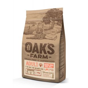 OAK'S FARM suaugusių mažų ir labai mažų veislių šunų sausas begrūdis pašaras su lašiša ir kriliu 2 kg