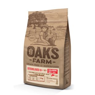 OAK'S FARM senstančių sterilizuotų kačių sausas begrūdis pašaras su lašiša 2 kg